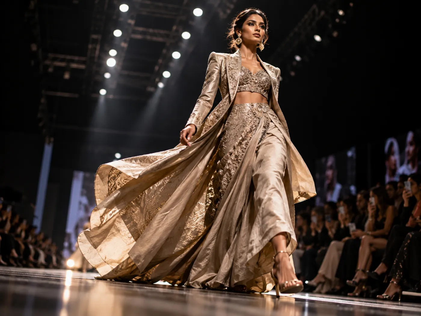Model on a runway under stage lighting